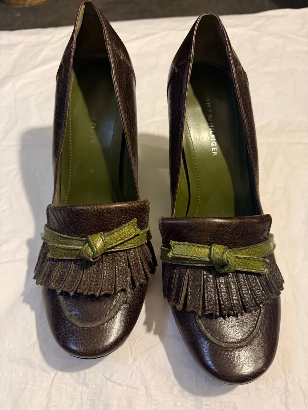 Tommy Hilfiger Brown Leather Fringe Heels with Olive Accent